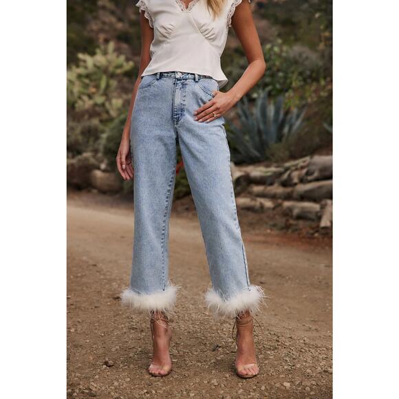 Strut and Bolt Jeans Snap-on Feather Ankle Hem Blue Denim Large Statement Boho - Picture 1 of 4